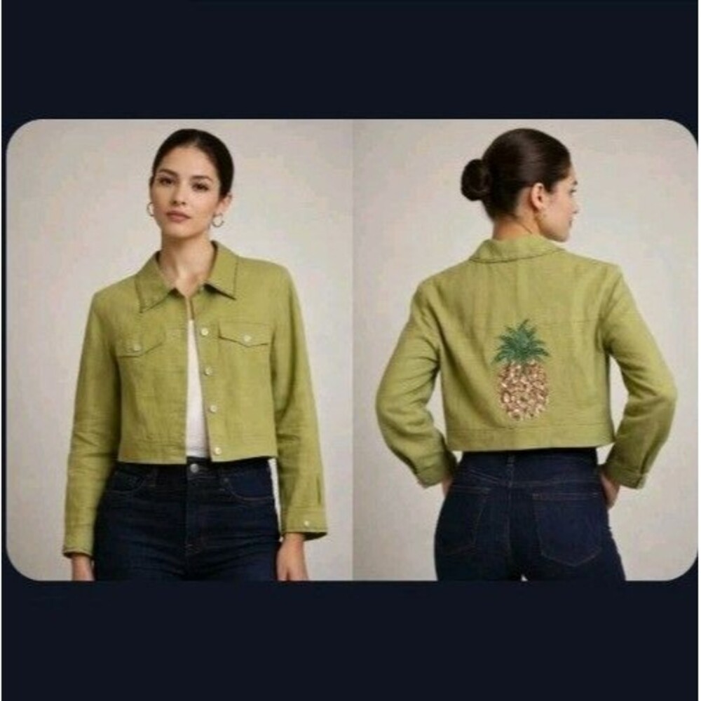 Kelly & Diane Jacket Size 4 100% Linen Pineapple Beaded Design Button